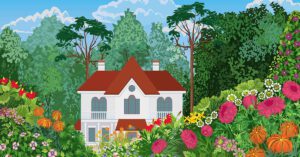 Illustration mit einem Haus mit vielen Blumen und Bäumen vor einem blauen Himmel | Nebenkosten beim Immobilienkauf